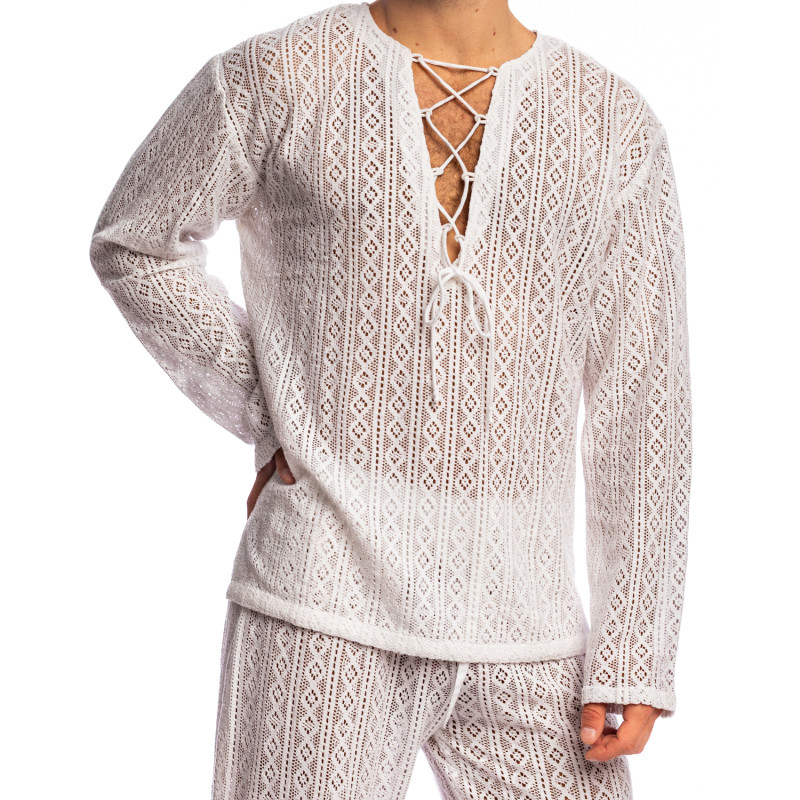LHommeInvisibleHannoverSTEFAN nireo white crochet long sleeve mens top.1